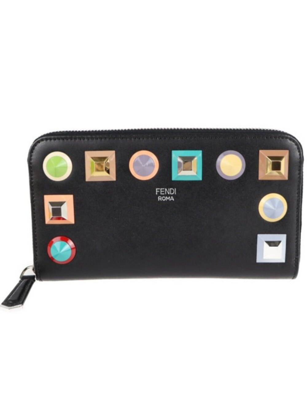 Fendi large Studs multi color genuine Leather Liberty Wallet Black Long  new
